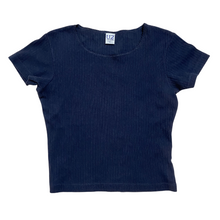 Load image into Gallery viewer, Navy Blue Cropped Pointelle Tee
