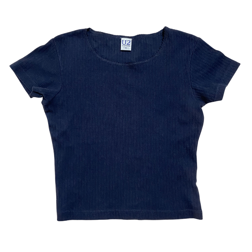 Navy Blue Cropped Pointelle Tee